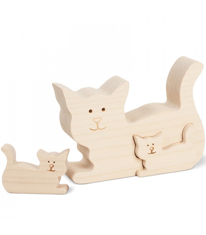 Chat En Bois Avec Deux Chatons 8 Cm